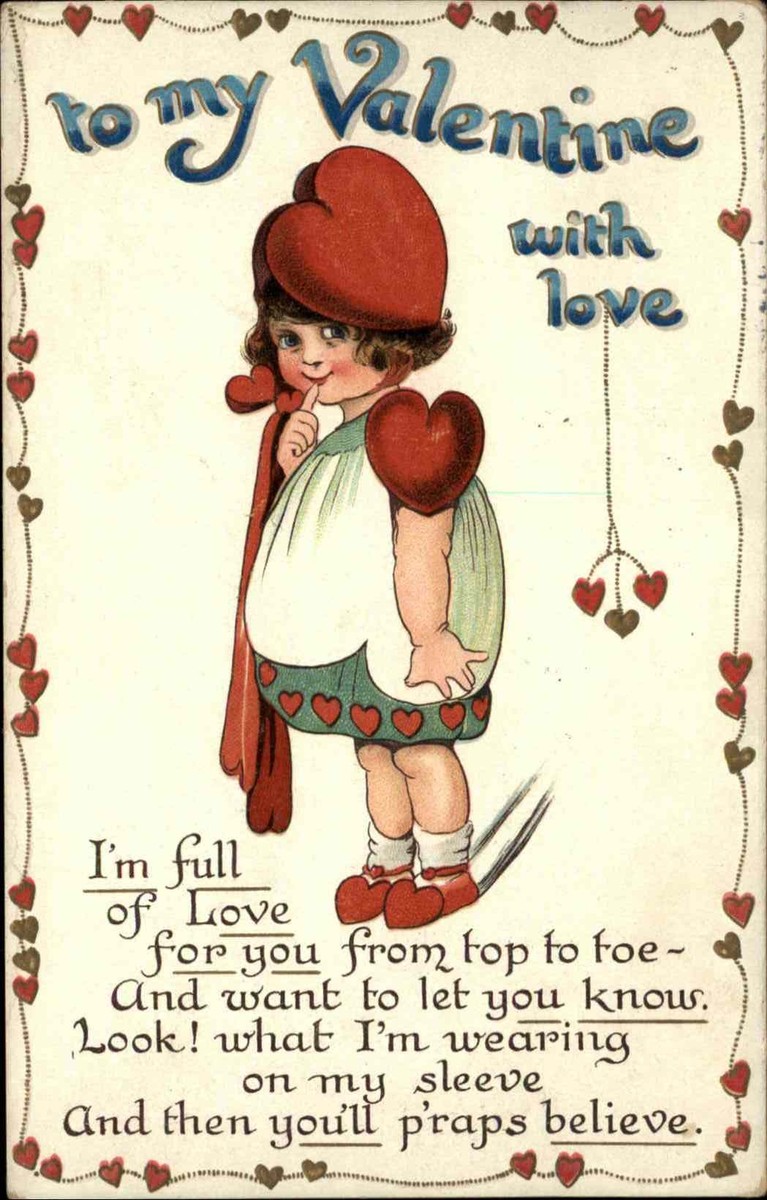 Valentine Cute Little Girl in Heart Clothes Shoes Hat c1910
