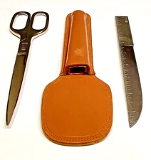 Antique SET Scissors 9” & Measurer Opener SOLINGEN GERMANY w/Leather Case