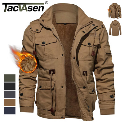 Mens Winter Cotton Jacket Fleece Lined Thick Work Coats Warm Cargo Hooded Jacket