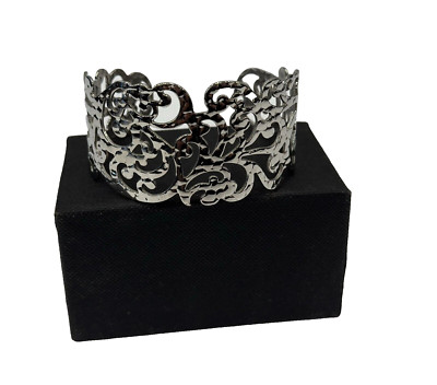 Elegant Filigree Cuff Bracelet   Silver-Tone Openwork Design