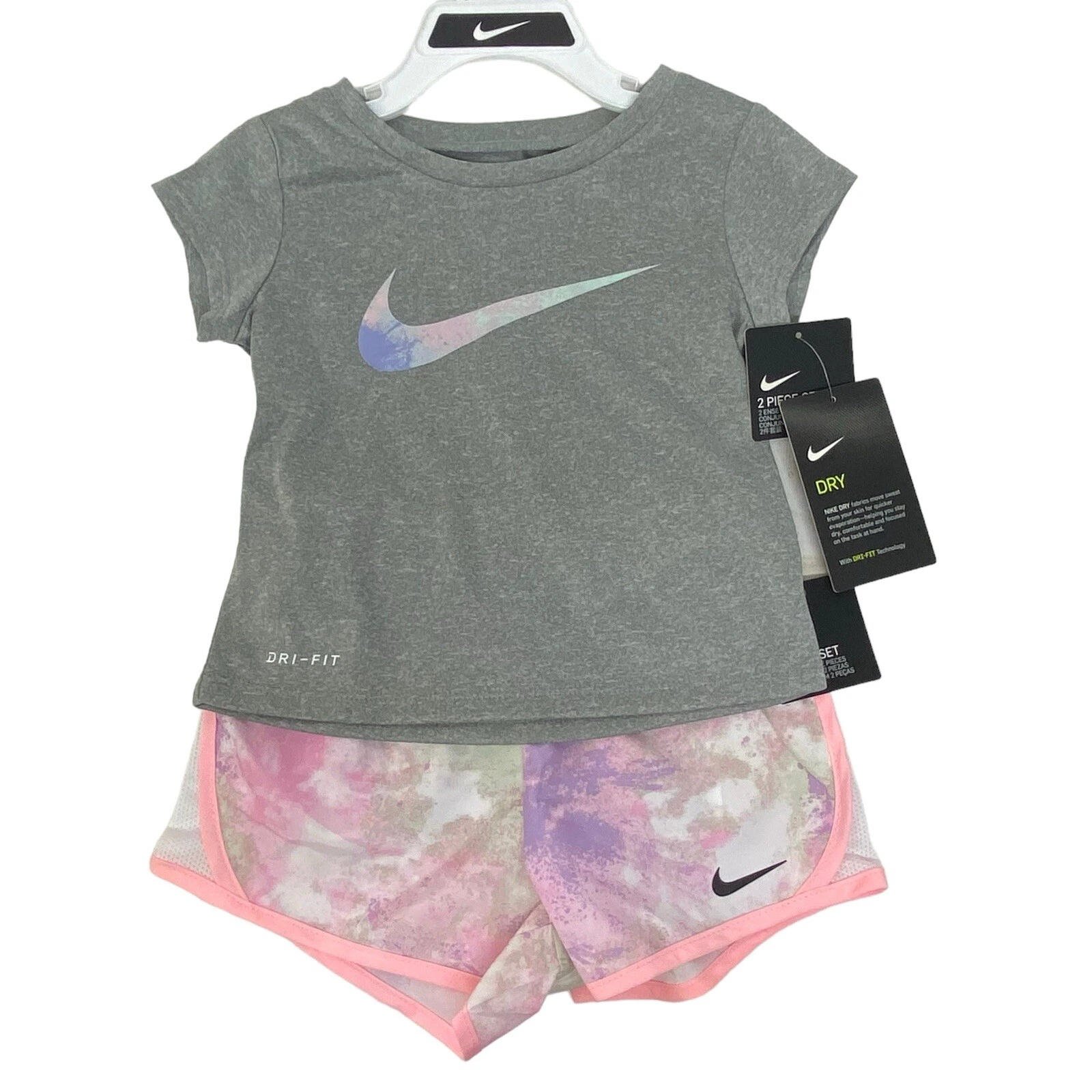 Nike Baby Girls 2-Pack Dri-FIT Set 12M Grey & Pink Tie-Dye Swoosh Shirt & Shorts