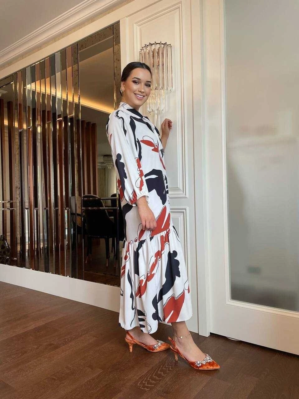 OFF WHITE Abito Zara Off bianco marrone cravatta nera collo manica lunga midi smock taglia M L 12 14