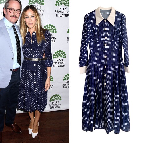 navy polka dot dress white collar