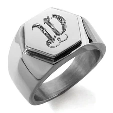 Stainless Steel Royal Initial Monogram Letter W Mens Hexagon Crest Signet Ring