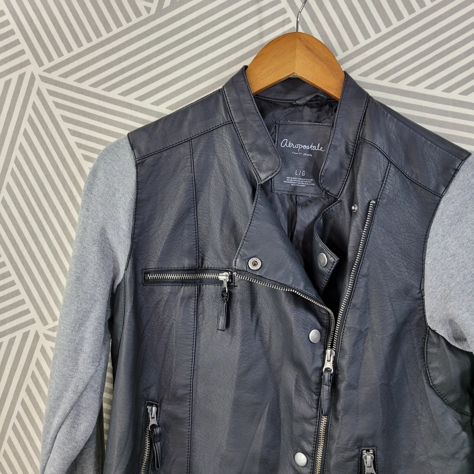 Aeropostal Moto Jacket Size Large Zip Up Faux Black Leather Grey sleeve coat - Image 2 of 4