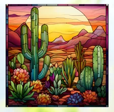 Desert Cactus at Sunrise Faux Stained-Glass WINDOW CLING Size 8" Square Vinyl