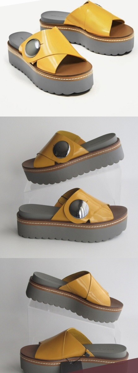 Zara Woman Retro look patent Mustard Yellow platform Sandal silver button  36 - Main Image