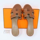 $750 37 HERMES ORAN OASIS H SANDALS HEEL CLASSIC CALFSKIN GOLD BROWN