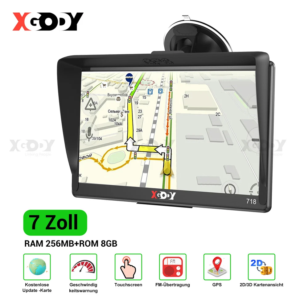 XGODY 7'' GPS Navi Navigation POI für Auto LKW PKW Navigationsgerät 16G EU Karte