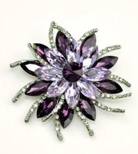 Purple crystal Rhinestone flower brooches silver tone Fashion pins Woman's Gift