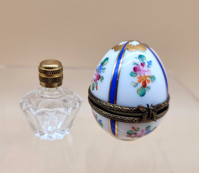 Limoges France Dubarry Peint Main Parfum Box mit Flakon Eierform Vintage 4,5 cm