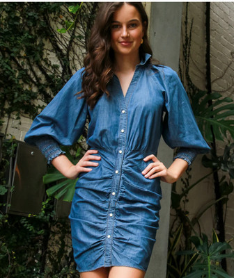 NEW WITHOUT TAG Veronica Beard Jeans 4 Womens Blue Ruched Chambray Shirt Dress