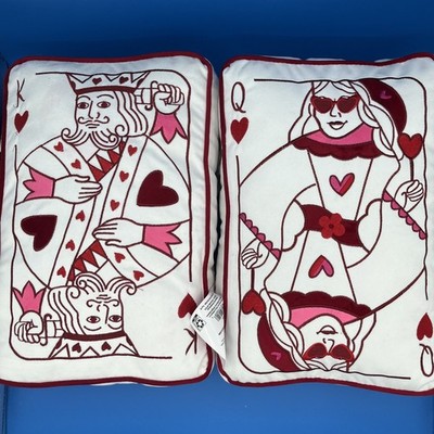 Pair King and Queen of Hearts Card Decorative Pillow, Red and White, 10'' x 15''