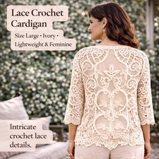 Womens Topper Boho Lace Crochet Cardigan Ivory Open Front Sheer Romantic Duster