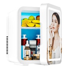 Mini Skincare Fridge with LED Light Mirror, 4 Liter/6 Can Compact Makeup Refr...
