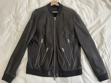 AllSaints Men's Black Leather Biker Jacket XL Full Zip Band Collar Lined