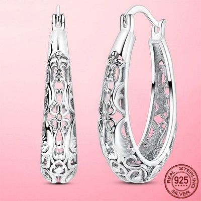 LAZA European 925 Sterling Silver Hoop Earrings Hollow Flower for Women Jewelry