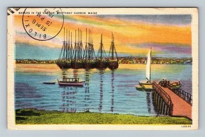 Boothbay Harbor, ME-Maine, Barges In The Harbor, Dock, c1938 Vintage Postcard
