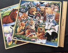 TWO MasterPieces 48 Piece Wood Jigsaw Puzzles - Farm Animals  Wild Animals VGC