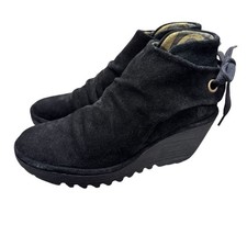 NEW Fly London Yebi Scrunch Ankle Boots Suede Leather Womens Shoes Black EU 38