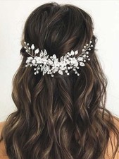 Flower Bridal Hair Vine Silver Crystal Pearl Bride Wedding Headpieces Leaf Ha...