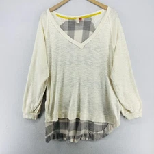 PILCRO Top L ANTHROPOLOGIE Boyfriend Plaid Oversized Tunic Ribbed Slub Off White