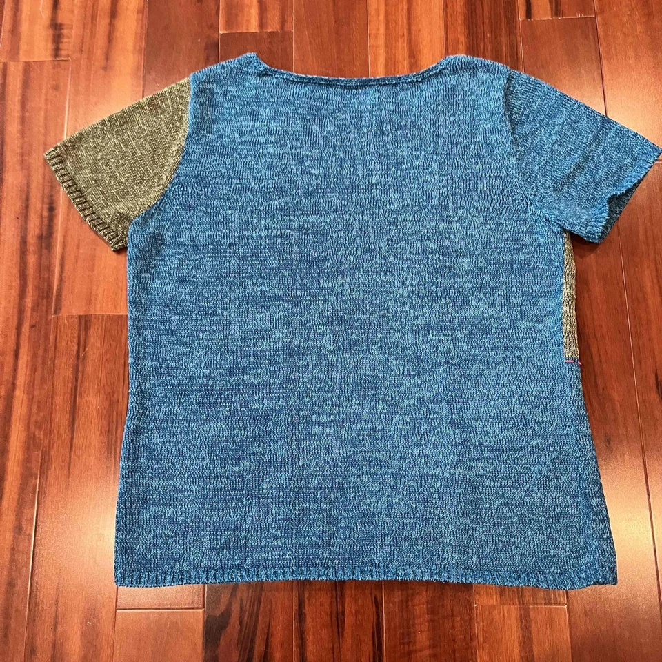 Crazy Horse Blue Multi Sweater Knit Short Sleeve Crew Pullover Colorblock Sz M - Image 3 of 4