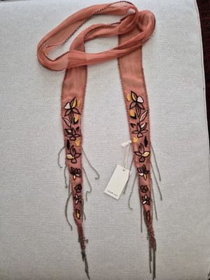 Chan Luu Burnt Orange Floral Embroidered Beaded Skinny Choker Chiffon Scarf