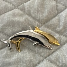 LC Dolphin Brooch Pin Two Tone Gold Silver Collectible Metal Jewelry