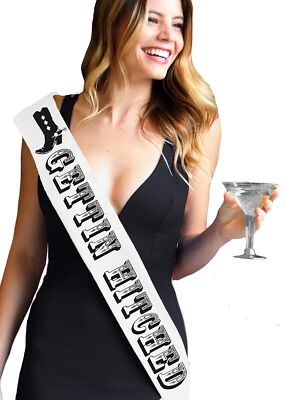 Disco Cowgirl Bride Sash - BRIDAL GRADE SATIN Gettin Hitched Silver Sparkle S...