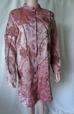 Indigo Moon Mandarin Collar Embroidered Silk Duster Coat Golden Rose Brown S