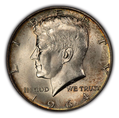 1964 50c Kennedy Silver Half Dollar - Rainbow Rim Toning - BU - SKU-H2467