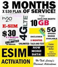 E-SIM H2O H20 WIRELESS   ESIM ACTIVATION   3 MONTHS x 30 Plan   UNLIMITED T/T