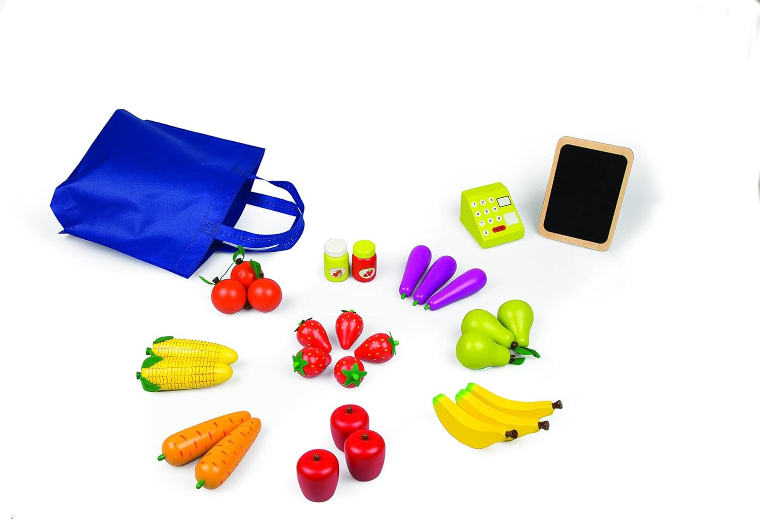 как выглядит Wooden Market Stand Toy Set with 30 Food Pieces, Cash Register Chalkboard фото