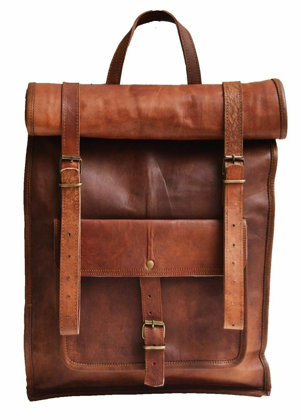 Roll Top Backpack Rucksack Rolling Bag Travel Bikers Genuine Leather Bag