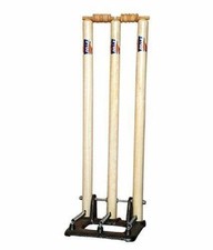 Cricket Wicket Stumps Set Heavy Wood 2 Bails+3 Stumps+ Metal Base Return Spring