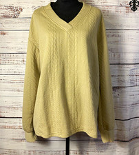 Womens L Beige Solid Knit V-Neck Pullover Sweater Long Sleeve Ribbed Stretch