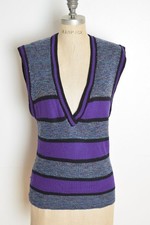 vintage 80s sweater vest purple black striped deep V sleeveless preppy top M