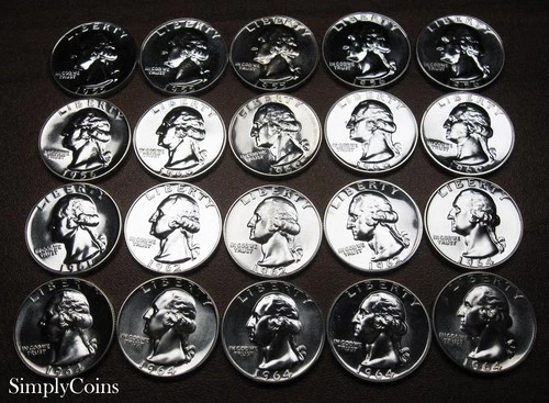 1955-1964 Washington Quarter Proof 90% Silver Coin Lot US 1/2 Roll 20 Quarters