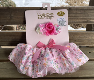 Bebe Baby Boutique 2pc Tutu Set 0-3mo Skirt Headband Pink Bow Roses Butterflies