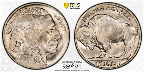 1916 PCGS MS64 Buffalo Nickel 5c - Lustrous Original