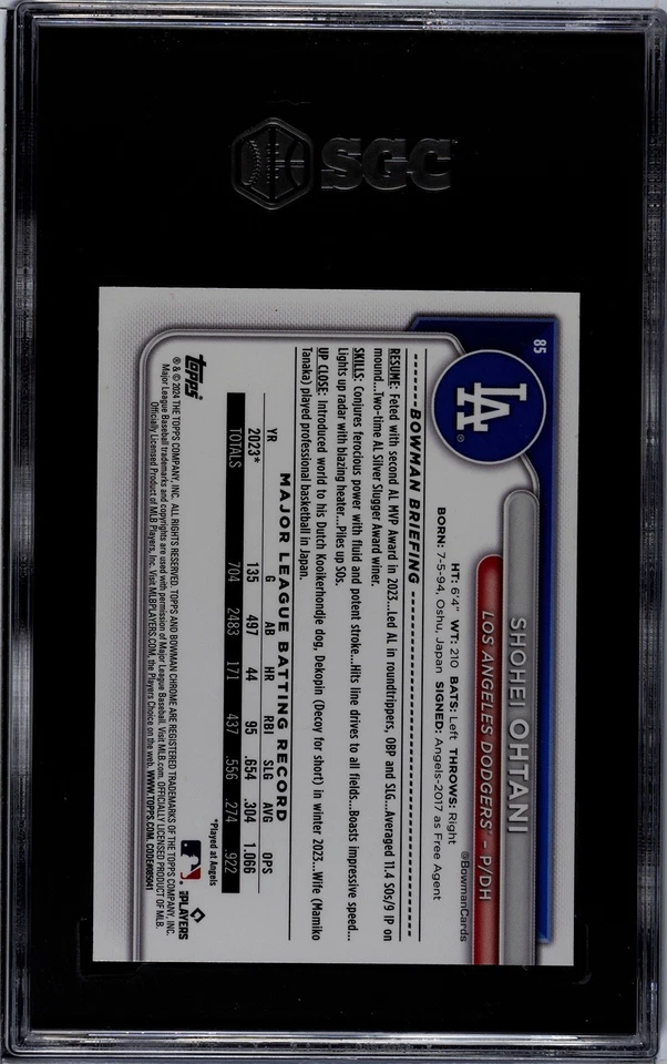 2024 年 Bowman Chrome - Shohei Ohtani #85 SGC GEM 评级完好 10 认证 #1863567 — 第 2/2 张图片