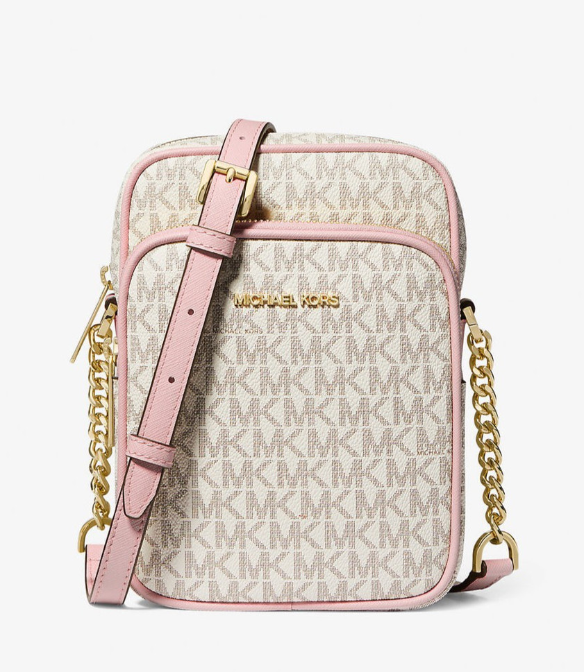 Michael Kors Medium Flight Bag Crossbody Leather Handbag Vanilla Pink Signature
