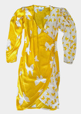 Flora Kung 100 Silk Wrap Dress Yellow Butterfly Jacquard Ruched Size 10 VTG Y2K