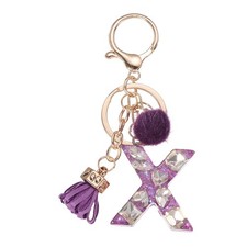 Initial Letter Keychain, Cute Alphabet Letter-X Charm with Tassel Ball, Purple