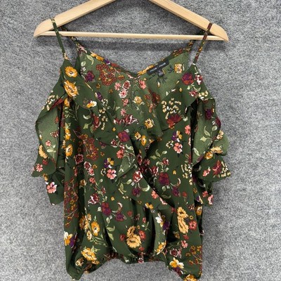 Moa Moa Top Women XL Green Floral V-Neck Sleeveless Spaghetti Strap Casual