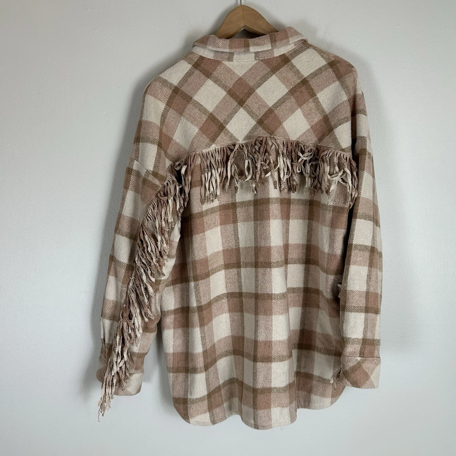 Pink Lily Aztec Shacket Large Fringe Hem Southwestern Button Front Jacket Plaid