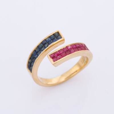 1.40 Ct Ruby & Blue Sapphire Bezel Ring 14K Solid Yellow Gold