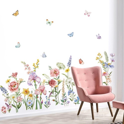 Spring Garden Flower Wall Stickers Wildflower Iris Butterflies Wall Decals A - Picture 5 of 6