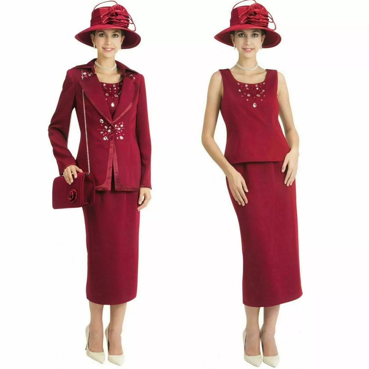 Sunday Best Women's Church Dress Suit Burgundy Soft Crepe Fabric